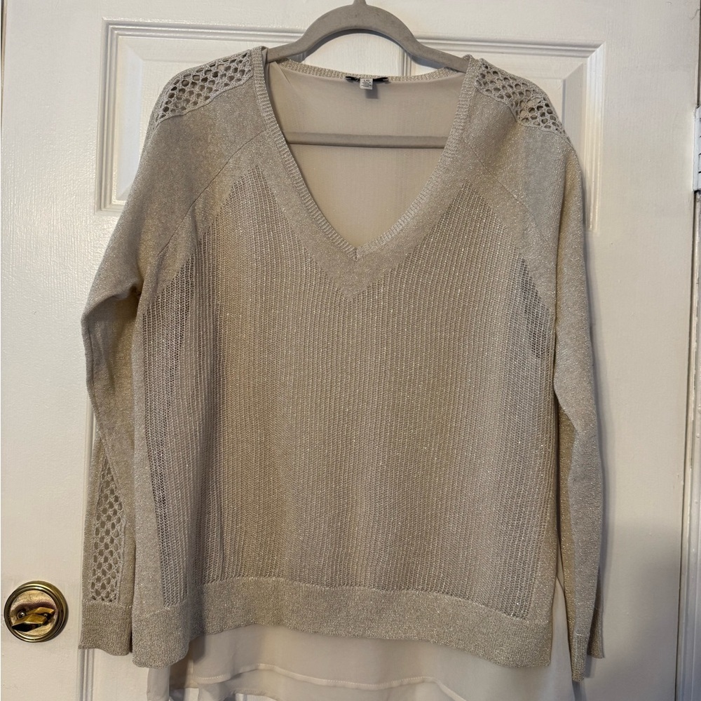 Lucky Brand Womens Taupe V-Neck Sweater with Lace Shoulder Detail
